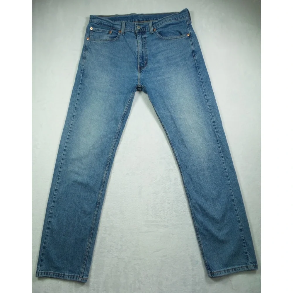 Levis 505 Mens Jeans 34 x 32 Blue Denim Straight Leg Regular Fit Stretch